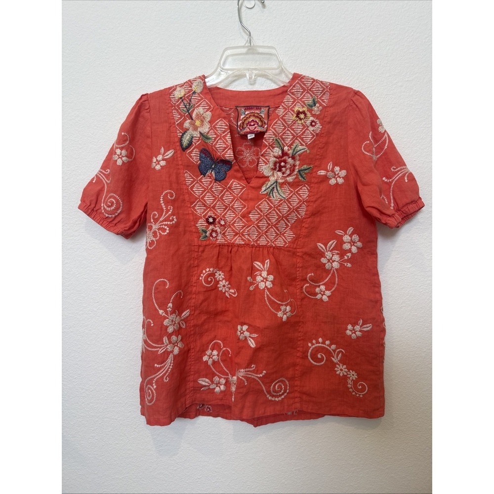Johnny Was Jailyn Coral Orange Embroidered Linen Blouse V-Neck Top XS J11322-4